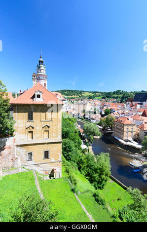 Ceský Krumlov (Böhmisch Krumau): Moldava (Moldau) Fiume con dei rematori , Castello, Ceco, Jihocesky, Südböhmen, Boemia del Sud, Foto Stock