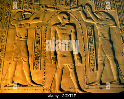 Rilievo di parete che mostra la purificazione di Tolomeo XII da dio Horus, Thoth e Haroeis a Kom Ombo - Egitto. Foto Stock