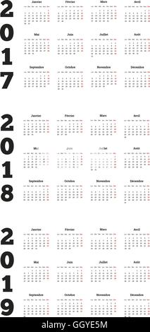 Insieme di semplice calendari in francese su 2017, 2018, 2019 anni Illustrazione Vettoriale