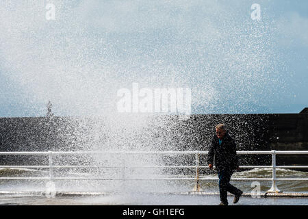 Aberystwyth Wales UK, Lunedì 08 Agosto 2016 gale force vento che soffia da nord-ovest , combinata con una alta marea a metà giornata, portare enormi onde che si schiantano nella passeggiata a mare e pareti in Aberystwyth su Cardigan Bay costa di West Wales UK Photo credit: Keith Morris / Alamy Live News Foto Stock