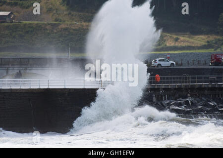 Aberystwyth Wales UK, Lunedì 08 Agosto 2016 gale force vento che soffia da nord-ovest , combinata con una alta marea a metà giornata, portare enormi onde che si schiantano nella passeggiata a mare e pareti in Aberystwyth su Cardigan Bay costa di West Wales UK Photo credit: Keith Morris / Alamy Live News Foto Stock