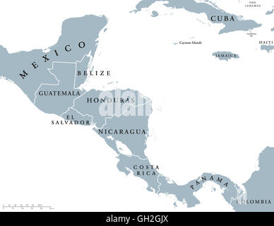 America centrale paesi mappa politico con i confini nazionali, dal Messico alla Colombia, collegando il nord e il Sud America. Foto Stock