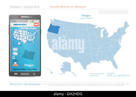 Stati Uniti d'America mappe e Oregon state territorio. vettore USA mappa politico. Noi assistenza elettorale app per smart phone. Illustrazione Vettoriale