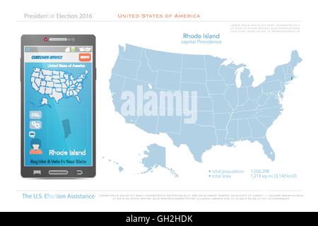 Stati Uniti d'America mappe e Rhode Island membro territorio. vettore USA mappa politico. Noi assistenza elettorale app per smart p Illustrazione Vettoriale