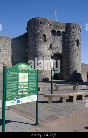 Carmarthen castello con cartello esplicativo Foto Stock