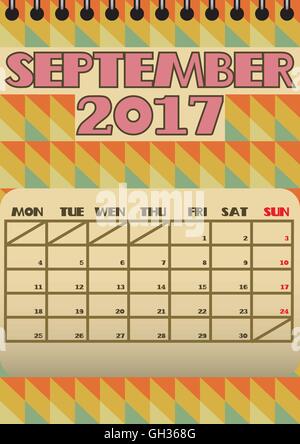 Settembre 2017 Calendario retrò, inizia con il lunedì. File vettoriale contiene isolato a spirale dello strato legante forme geometriche Illustrazione Vettoriale