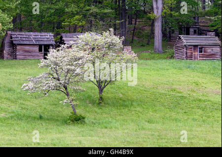 Basso angolo di vista ricostruita capanna di soldati della guerra rivoluzionaria nel tempo primaverile, Jockey cava, Morristown, New Jersey Foto Stock