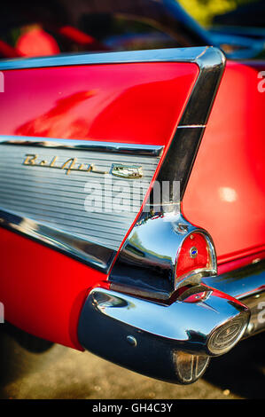 Vista ravvicinata di una pinna di coda posteriore di una Chevrolet Bel Air Classic American Automobile, New Jersey, STATI UNITI D'AMERICA Foto Stock