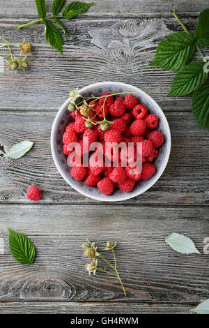 Lamponi freschi nella ciotola vista dall'alto, estate berry Foto Stock