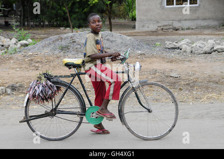 Geografia / viaggi, Tanzania, ragazzo di vendita del pesce dalla sua bicicletta, Mto Wa Mbu, Additional-Rights-Clearance-Info-Not-Available Foto Stock