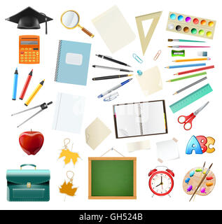 Set di forniture scolastiche isolato su bianco. Istruzione accessori sul posto di lavoro Foto Stock
