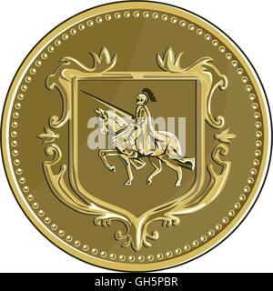 Illustrazione del cavaliere in armatura completa con lancia di equitazione destriero osservata dal lato interno impostato stemma della cresta di protezione del trattore e un medaglione fatto in stile retrò. Illustrazione Vettoriale