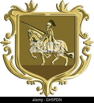 Illustrazione del cavaliere in armatura completa con lancia di equitazione destriero osservata dal lato interno impostato lo stemma di cresta scudo fatto in stile retrò. Illustrazione Vettoriale