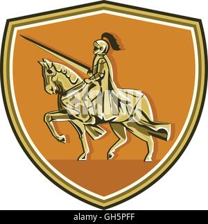 Illustrazione del cavaliere in armatura completa con lancia di equitazione destriero visto dal lato impostato all'interno della protezione crest fatto in stile retrò. Illustrazione Vettoriale