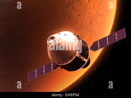 Veicolo spaziale in orbita il Pianeta rosso. Realistiche in 3D'illustrazione. Foto Stock