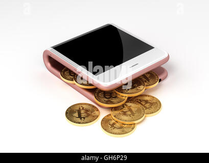 Concetto di Rosa portafoglio virtuale e Bitcoins. 3D'illustrazione. Foto Stock