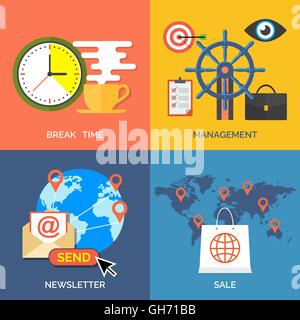 Set di design piatto icone di concetto per il business. Tempo di pausa, Gestione Newsletter e vendita. Illustrazione Vettoriale. Illustrazione Vettoriale