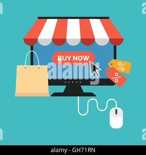 Shopping online concetto. Design piatto elegante. Isolato sul colore di sfondo Illustrazione Vettoriale