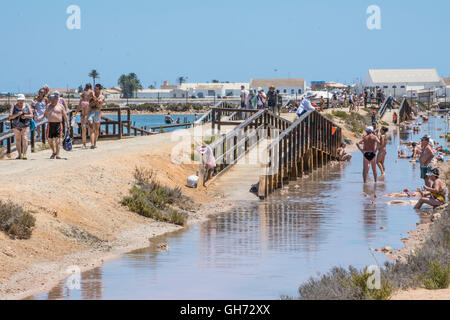 I bagnanti in terapeutica laguna di fango del Mar Menor a Lo Pagan in Murcia, Spagna Foto Stock