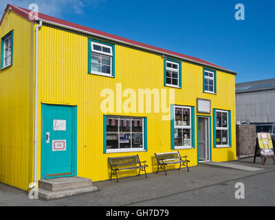Il colore giallo brillante tourist regali vicino al porto a Stanley in Malvine Foto Stock