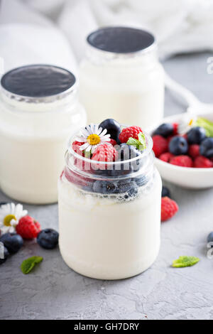 Fresh yogurt fatto in casa in piccoli vasetti Foto Stock