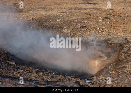 Il vapore proveniente dalla Litli Geysir nell'area geotermale accanto al fiume Hvítá, Haukadalur, Sudurland, Islanda Foto Stock