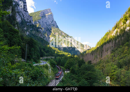 Parco Nazionale Gesäuse: treno merci nella vallata Enns , cercare Planspitze, Austria, Steiermark, Stiria, Gesäuse Foto Stock