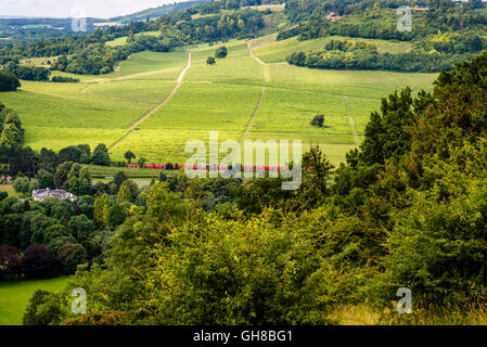 Sud del convoglio ferroviario passando attraverso la valle di mole in Surrey tra il North Downs e il Greensand Ridge, England, Regno Unito Foto Stock