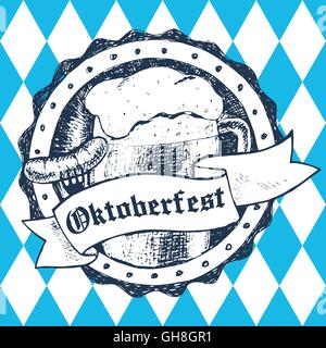 Oktoberfest illustrazione vettoriale con boccale di birra, salsiccia, rombo Illustrazione Vettoriale