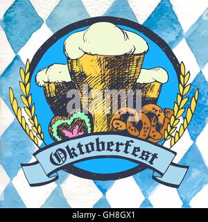 Oktoberfest illustrazione vettoriale con bicchieri da birra, salatini e Illustrazione Vettoriale