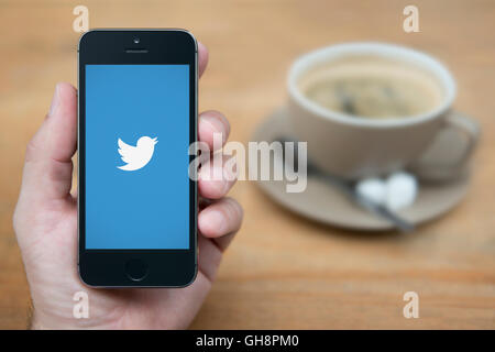 Un uomo guarda al suo iPhone che visualizza il logo Twitter, mentre sat con una tazza di caffè (solo uso editoriale). Foto Stock