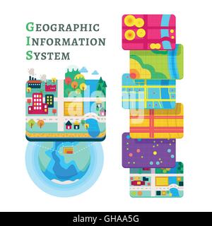 Illustrazione Vettoriale di GIS i livelli dei dati spaziali di concetto per Info grafica, sistema informativo geografico Illustrazione Vettoriale