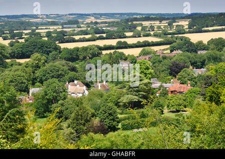 Hampshire vista sul villaggio Selborne da Selborne comune - cottage tetti - Alberi - campi - estate sunshine - paese di lingua Inglese Foto Stock