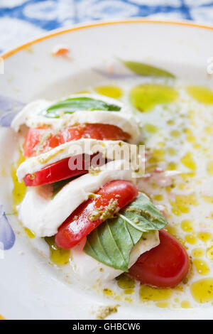 Insalata Caprese fatta di fettine di mozzarella fresca, i pomodori e il verde del basilico, condito con olio di oliva Foto Stock