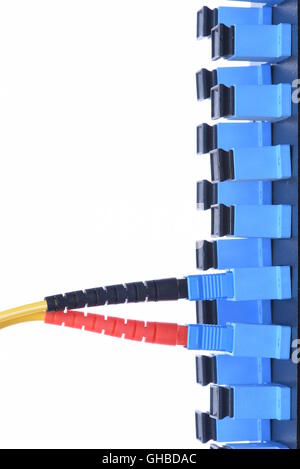 Fibra ottica cavo di rete con distribuzione ottica telaio isolato su sfondo bianco Foto Stock