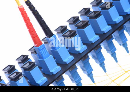 Fibra ottica cavo di rete con distribuzione ottica telaio isolato su sfondo bianco Foto Stock