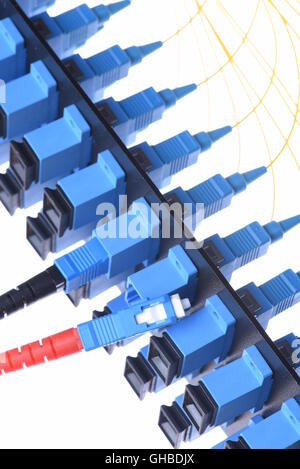 Fibra ottica cavo di rete con distribuzione ottica telaio isolato su sfondo bianco Foto Stock