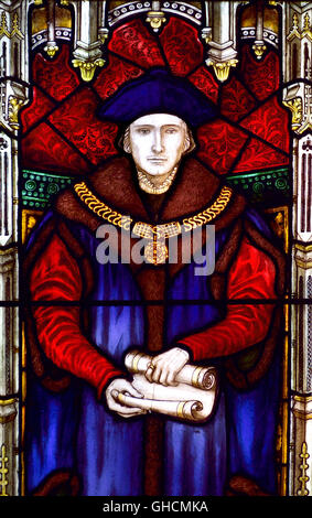 A Canterbury Kent, Regno Unito. Chiesa di St Dunstan con Santa Croce. Finestra di vetro colorato: (1909) nella cappella di Roper di Sir Thomas More Foto Stock