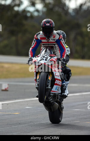 Troy Bayliss fa un wheelie lungo il rettilineo principale di Morgan Park Raceway. Foto Stock