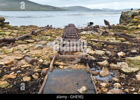 Macchine arrugginite abbandonate sulla spiaggia e la zona collinare presso l'Ex stazione baleniera sulla nuova isola nelle Falkland Foto Stock