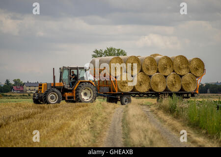 Trattore con un rimorchio pieno di balle di paglia Bassa Slesia Polonia Foto Stock