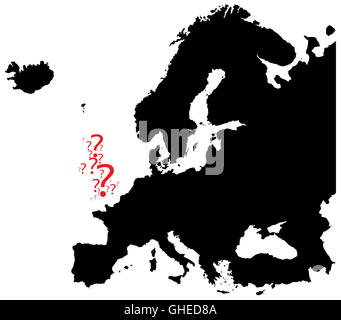 Una mappa di Europa in con la Gran Bretagna in questione segna isolato su uno sfondo bianco Foto Stock