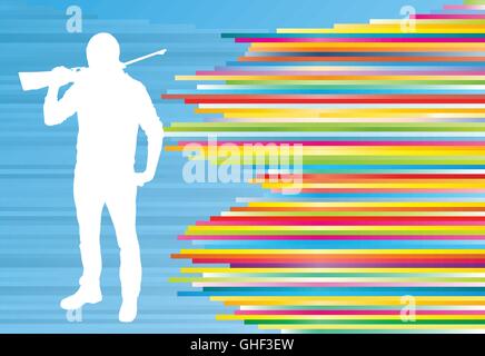 Uomo a sparare con un fucile lungo hunter sport vettore sfondo astratto illustrazione con strisce colorate in blu Illustrazione Vettoriale