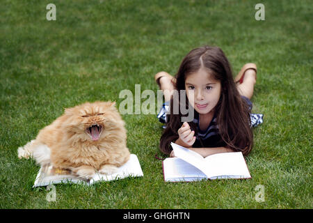 Bambina con la divertente gatto persiano sdraiati sull'erba,libro di lettura Foto Stock