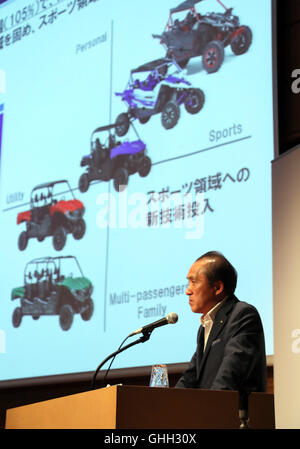 Tokyo, Giappone. Il 4° agosto 2016. In Giappone il gigante di moto Yamaha Motor presidente Hiroyuki Yanagi annuncia la società del primo semestre risultato finanziario di Tokyo il Giovedì 4 Agosto, 2016. Yamaha Motor e Yanmar hanno annunciato di avere accettato un Business Alliance per i multi purpose vehicles business negli Stati Uniti a partire dal prossimo anno. © Yoshio Tsunoda/AFLO/Alamy Live News Foto Stock