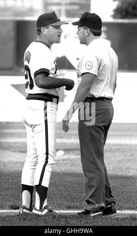 Davenport, Iowa, USA. 28 Sep, 2016. Tampa Bay Rays manager Joe Maddon, ha iniziato la sua carriera professionale con la Quad-City Angeli nel 1976 e occasionalmente tornò a Midwest League club come uno stoppino istruttore per gli Angeli verso la fine degli anni ottanta. Qui egli parla con un arbitro presso la John O'Donnell Stadium nel 1988. © Quad-City volte File/Quad-City volte/ZUMA filo/Alamy Live News Foto Stock