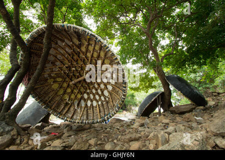 Coracles (tradizionale bambù round imbarcazioni,harigolu) visto a Shivanasamudra, Mandya distretto dello stato del Karnataka, India Foto Stock