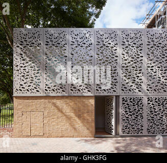 Elevazione frontale rivestito con schermo metallico. Casa di Brixton, Londra, Regno Unito. Architetto: Horden Cherry Lee Architects Ltd, 2016. Foto Stock