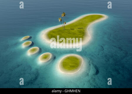 Verde isole con spiagge bianche a forma di una impronta circondato da tropicale oceano blu acqua. Conceptual 3D Foto Stock