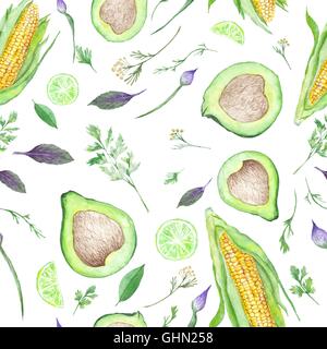 Seamless texture vegano con avocado, mais, calce e erbe isolati su sfondo bianco Foto Stock